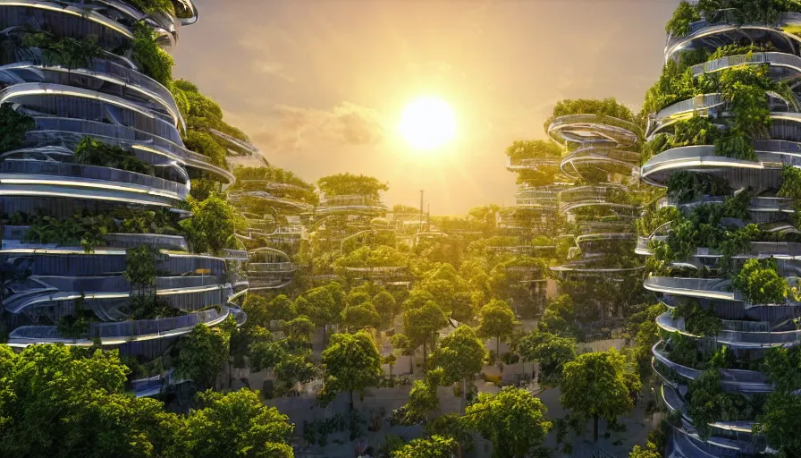 prompthunt: Sunrise over solarpunk city, many trees and plants, archdaily,  straight lines, many flying cars, busy streets filled with pedestrians, sun  rays, vines, vertical gardens, utopia, beautiful glass and steel  architecture, extreme