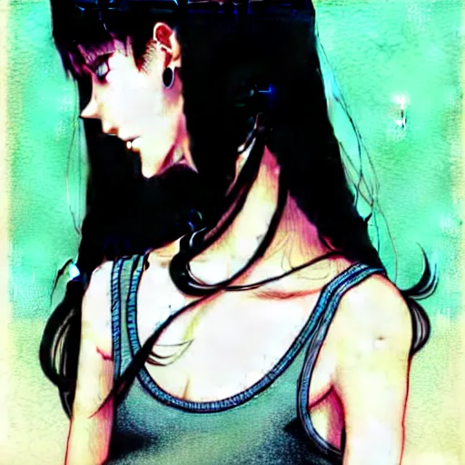 Image similar to richly detailed color  illustration of a dainty pretty young woman wearing a tank top, 'Southern Death Cult' is the theme, very soft shadowing, smooth textures, large scale image. art by Range Murata.