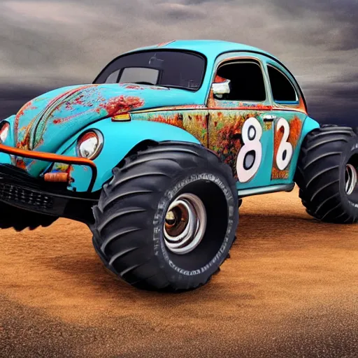 Image similar to monster truck Volkswagen beetle, photo, detailed, 4k