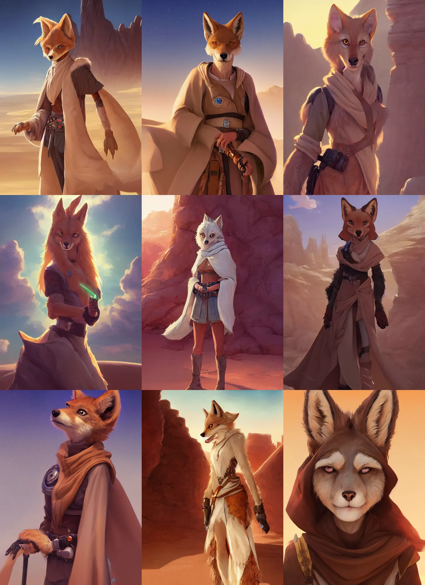 Prompt: beautiful portrait of a female anthropomorphic furry coyote fursona wearing jedi robes in a desert future town. character design by charlie bowater, ross tran, artgerm, and makoto shinkai, detailed, soft lighting, rendered in octane