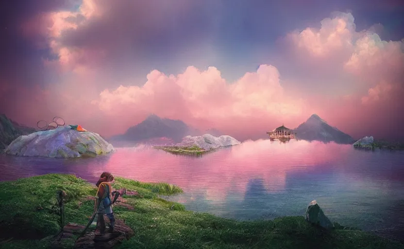 Image similar to a beautiful art of lake in foregraund and rainbow colored sky on background by Miyazaki Nausicaa Ghibli, 8K, hyper detailed, 20K, realistic, product lighting, by onesal, by sixnfive , behance 3d , studio photography DSLR, Photoreal epic composition