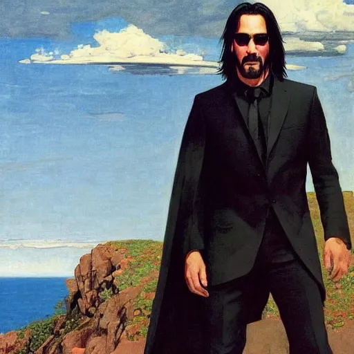 Prompt: keanu reeves wearing a black cape sunglasses leather suit whilst standing atop a skyscraper jen bartel jim lambie kent monkman winslow homer thomas eakins