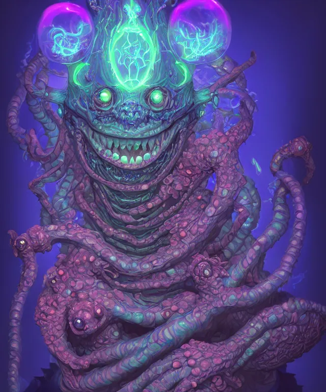 Image similar to a xanathar made of bioluminescence slimy skin, fantasy, elegant, crisp 8 k line art, digital painting, artstation, unreal engine, octane render, emissive lighting, concept art, matte, sharp focus, hyper realistic lighting, illustration, deep royal blue and pink color scheme, art by shintaro kago