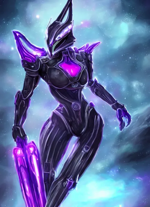 Image similar to detailed cinematic shot, cosmic sized perfectly proportioned stunning beautiful hot female warframe, detailed cyborg mecha female dragon head, metal ears purple eyes, silver armor, fuschia leds, floating in empty space, nebula sized, holding a planet, epic proportions, epic size, epic scale, furry art, dragon art, giantess art, warframe fanart, furaffinity, deviantart