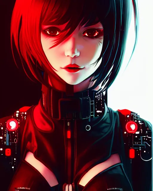 Image similar to a detailed potrait of a cyberpunk cyborg girl with black and red parts, perfect face, realistic shaded perfect face, detailed. night setting. very anime style. realistic shaded lighting poster by ilya kuvshinov katsuhiro, unreal engine, global illumination, radiant light, detailed and intricate environment, full length and white stockings