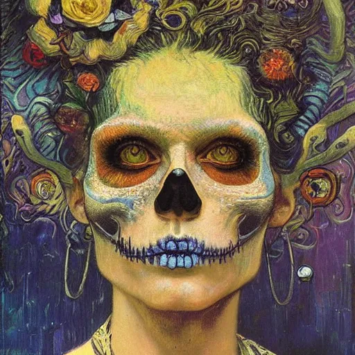 Image similar to Memento Mori by Karol Bak, Jean Deville, Gustav Klimt, and Vincent Van Gogh, beautiful visionary mystical portrait, calavera, otherworldly, fractal structures, ornate gilded medieval icon, third eye, spirals, sugar skull by Van Gogh