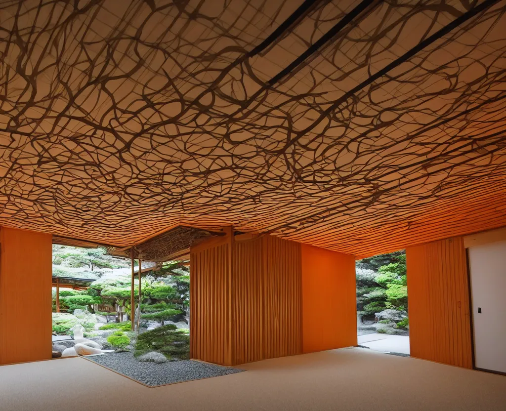 Prompt: real estate photo of the exterior of a futuristic japanese house with traditional japanese garden, dramatic lighting, smoke, ceiling fluorescent lighting, black and orange colour palette, wide angle shot