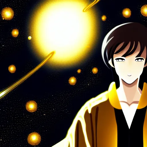 Image similar to a man with with brown hair, wearing a black robe with the tips made of gold, setting in space with a galaxy in the backround, anime, trending on artstation, high quality