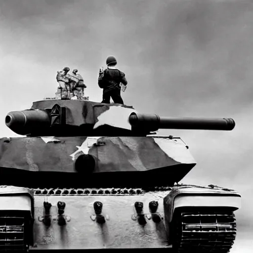 Image similar to world War 2 photography of Donald Trump hugging a tank, shot by Annie Leibovitz, award winning, 4k, 8k, black and white photography, cinematic lighting.