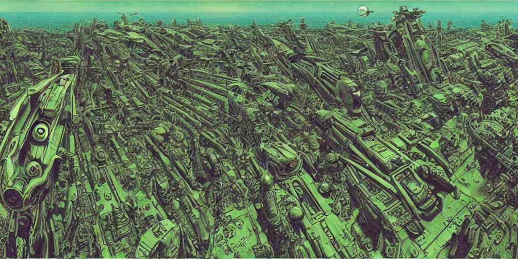 Prompt: wide angle photo view the surface of a alien green planet with many giant bird creatures flying, warrior mecha driod on the surface, cyberpunk art by Moebius, HR giger, mc escher, retrofuturism, matte painting