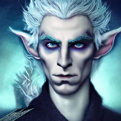 Prompt: the frightening archfey called'the prince of frost ', fantasy, white hair, blue skin, wild eyebrows, middle - age, elf, crown, trending on cgsociety