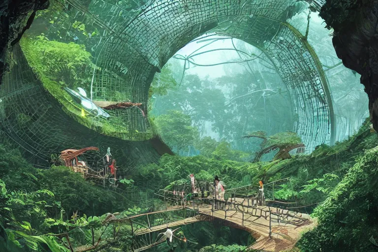 Prompt: deep natural cave with lush vegetation and trees, victorian green house, rock and wood bridge, kid and mad scientist walking, giant video screens, sci - fi, retrofuturism, concept art by moebius and victo ngai, architecture by francois schuiten, clean line, diesel punk, artstation