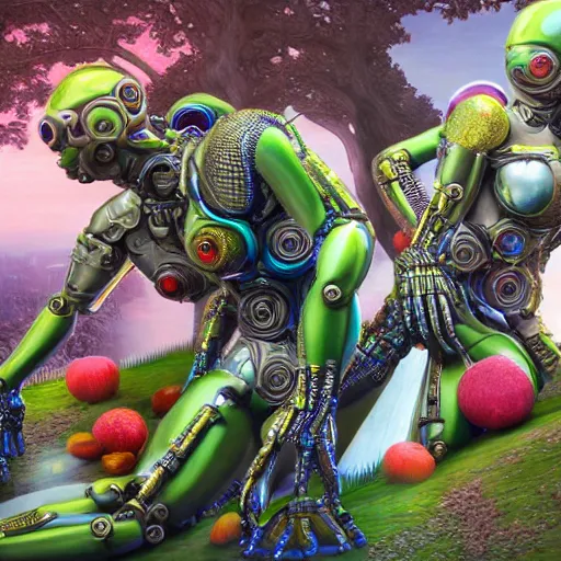 Prompt: elaborate photorealistic highly detailed beautiful hyperdetailed cyborgs under a tree, holding huge interesting coloured fruits. in the style of Michelangelo, with cyberpunk liberty and flemish baroque mixed media details. vibrant vivid 3d textures in natural pastel tones. landscape HD 8x