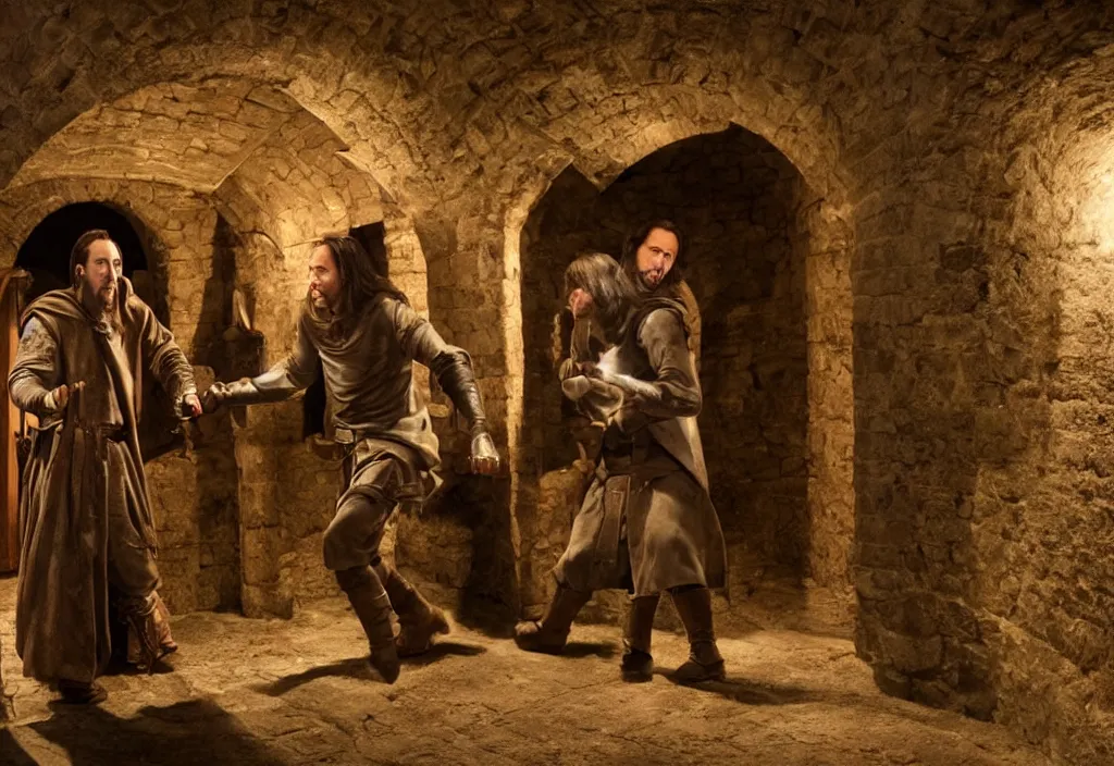 Image similar to photography emma watsons fight with nicholas cage in a medieval wine cellar detailed matte painting, cinematic