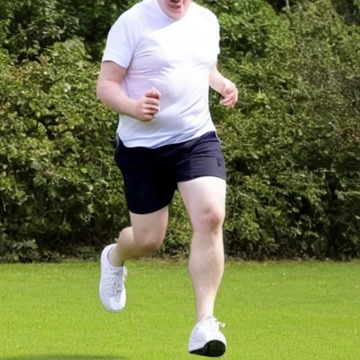 Prompt: Photo of Boris Johnson running, wearing a white t shirt and shorts, sweaty