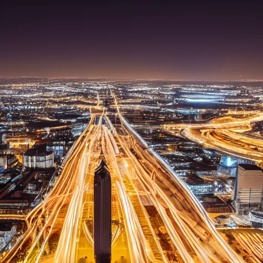 Prompt: raw photo of modern city aerial, night photography, long exposure, three point perspective, award winning