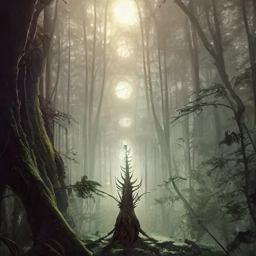 Image similar to highly detailed creepy forest humanoide creature in robes, stephen bliss, unreal engine, fantasy art by greg rutkowski, loish, rhads, ferdinand knab, makoto shinkai and lois van baarle, ilya kuvshinov, rossdraws, tom bagshaw, global illumination, radiant light, detailed and intricate environment