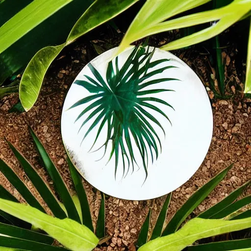 Prompt: a blank disc, reflecting tropical plants