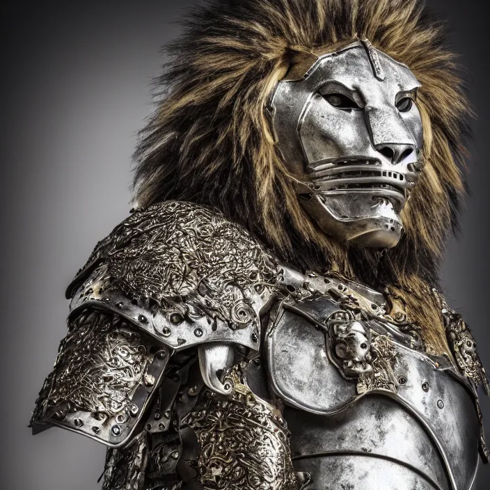 Image similar to photo of a warrior with metal lion themed armour, highly detailed, 4 k, hdr, smooth, sharp focus, high resolution, award - winning photo