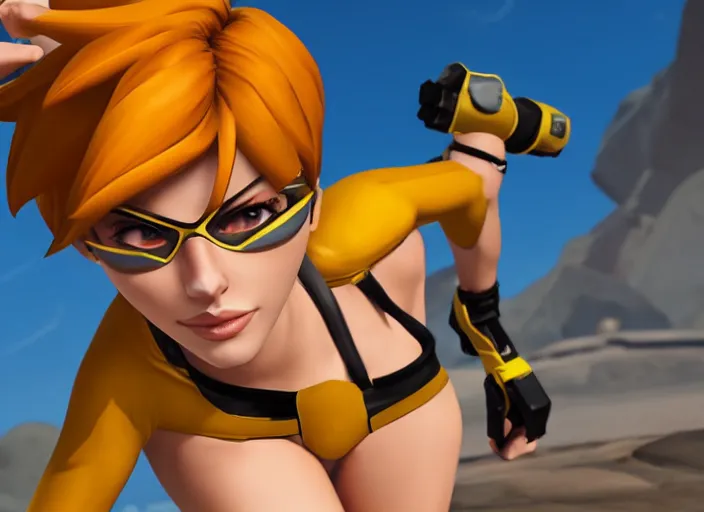Image similar to tracer game character, in yellow bikini, blonde hair, black eyes, full height