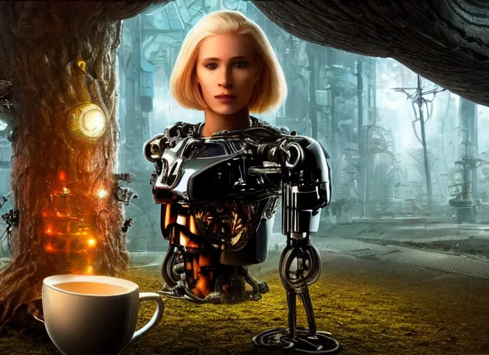 Image similar to photo of an intricate and sophisticated terminator woman with borg enhancements, blonde hair and detailed pretty face sitting on a giant mushroom in a weird magical mechanical forest and drinking a cup of tea. Very detailed 8k. Fantasy cyberpunk horror. Sharp.