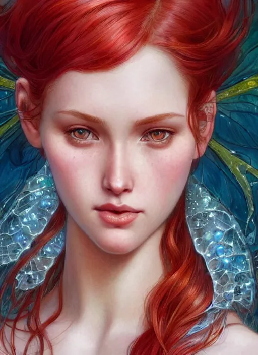 Image similar to beautiful head and shoulders portrait of a fairy mermaid with red hair, casual clothing, intricate, elegant, highly detailed, digital painting, beautiful highly detailed face, artstation, concept art, smooth, sharp, focus, illustration, art by artgerm and greg rutkowski and alphonse mucha