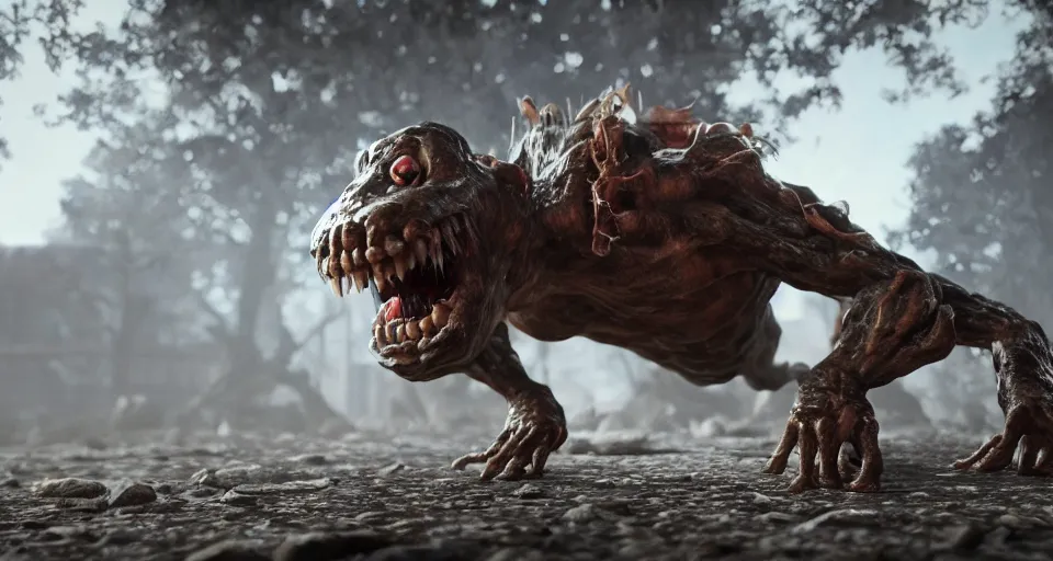 Image similar to a grotesque and malformed monster crawling towards the camera, high quality, unreal engine, octane render, natural light outside, animated horror still