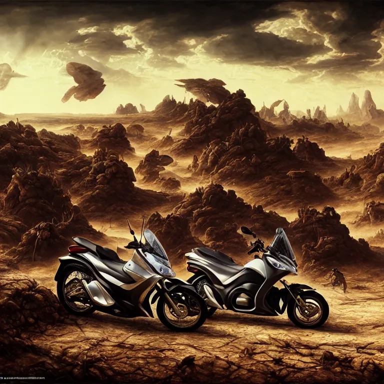 Image similar to landscape ad for yamaha aerox 2 0 0 4 motorbike in dirty wastelands on exoplanet, baroque painting, dramatic sky, beautiful intricate insanely detailed octane render, artstation, 8 k artistic photography, photorealistic, volumetric perfect light, chiaroscuro, raphael, caravaggio, beksinski, rutkowski, giger