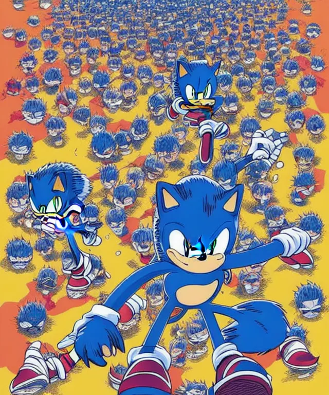 Prompt: sonic the hedgehog illustration, art by shintaro kago and victo ngai