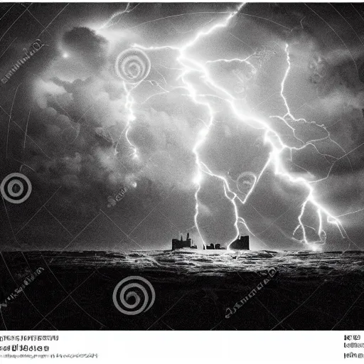 Image similar to large pepe the frog fighting lightning storm above a stormy ocean, architectural model, studio lighting, low contrast, single building, arsitektur nusantara by gustave dore, nineteenth century, black and white, vintage, science fiction, epic composition, dramatic lighting, highly detailed