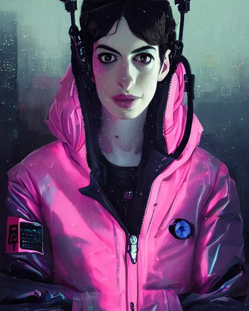 Image similar to detailed portrait Anne Hathaway Neon Operator Girl, cyberpunk futuristic neon, reflective puffy coat, decorated with traditional Japanese ornaments by Ismail inceoglu dragan bibin hans thoma greg rutkowski Alexandros Pyromallis Nekro Rene Maritte Illustrated, Perfect face, fine details, realistic shaded, fine-face, pretty face