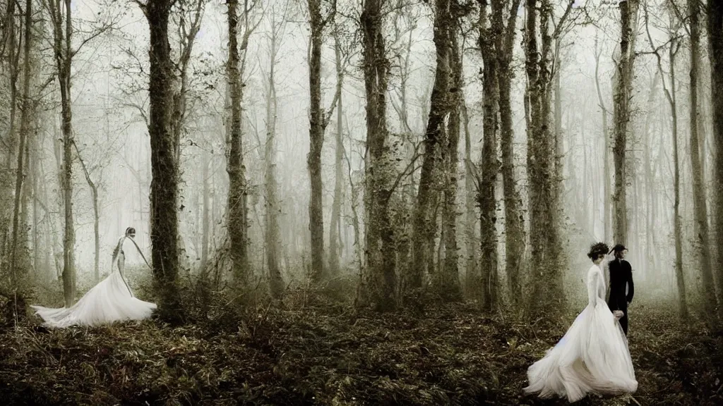 Prompt: eerie atmospheric symmetrical vogue wedding photography in a forest by paolo roversi