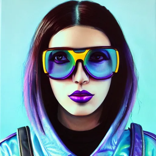 Image similar to closeup painting of a very beautiful young mexican cyberpunk woman with a smirk, light blue retro shades, and a purple coloured leather jacket, one side haircut, long brown hair with light blue ends, portrait, sci - fi, hyperdetailed, artstation, cgsociety, synthwave by tangerine dream, by jean - michel jarre, by vangelis, by john carpenter