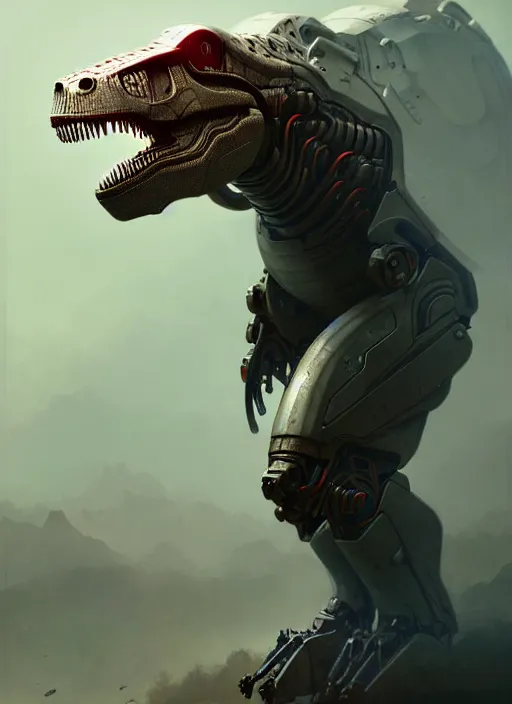 Image similar to t - rex mech suit, diffuse lighting, fantasy, highly detailed, photorealistic, digital painting, artstation, illustration, concept art, smooth, sharp focus, in the style of tom bagshaw