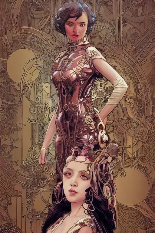 Prompt: brass semi - mechanical woman, portrait, floral art nouveau dress, art by ardian syaf and moebius, ilya kuvshinov, in steampunk cityscape