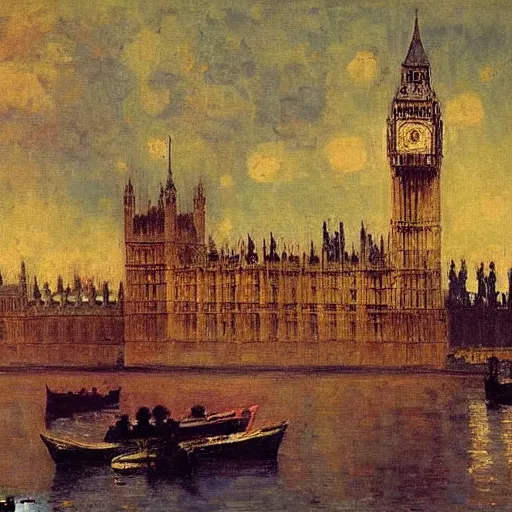 Prompt: the houses of parliament, 1915, brightly colored highly detailed oil on canvas, by Ilya Repin