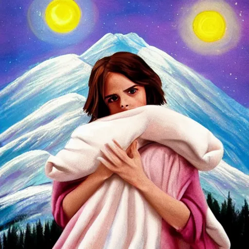 Image similar to tucking a cold emma watson into bed, wholesome, in the style of bob ross painting