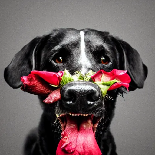 Image similar to black dog with rose in it's mouth, green eyes, studio lighting, cinematic, 4 k, detailed, global illumination, chromatic abberation