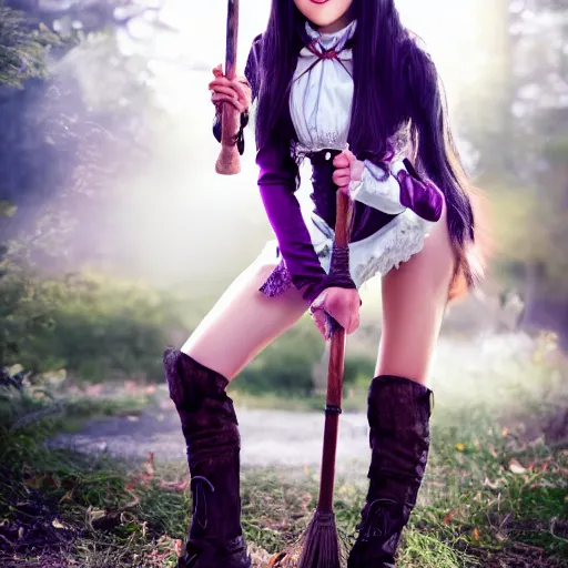 Prompt: young woman witch with magic wand and broom cosplay, she wears boots, full body shot, detailed face, photo taken by nikon, 4k, high quality, very detailed, intricant