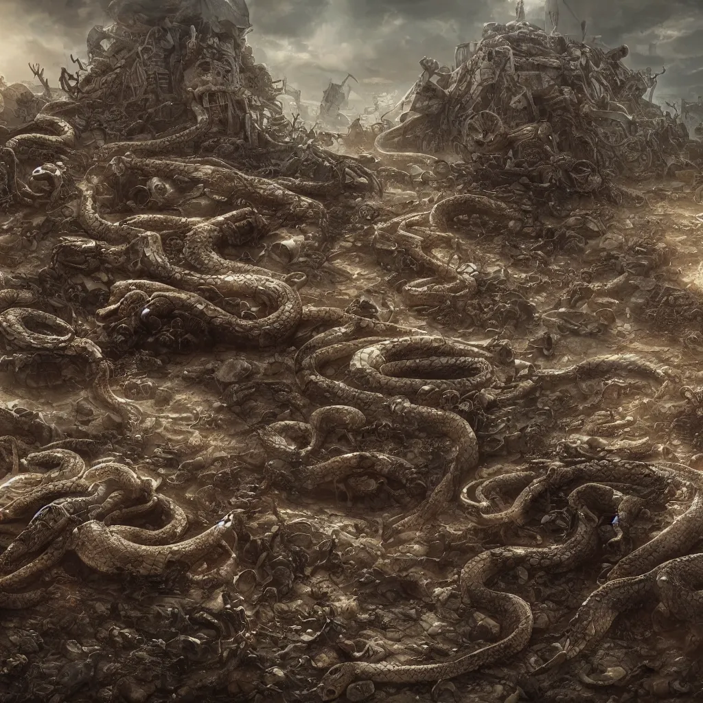 Image similar to snakes crawling from skulls in apocalyptic wasteland, depressing, morbid, surreal, 4 k, digital art, concept art, trending on artstation, highly detailed, epic composition