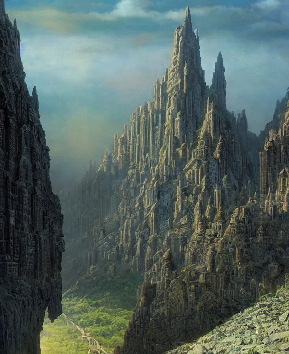 Image similar to a matte painting of a great city carved into the side of a mountain by ted nasmith