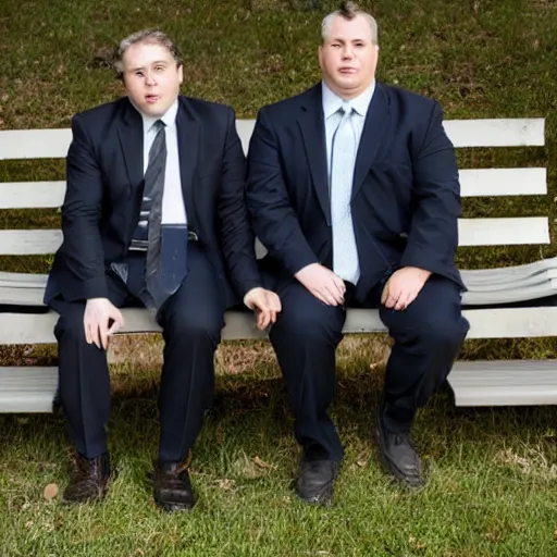 Image similar to two clean - shaven chubby white men in suits and neckties sitting on a park bench. each men are holding manila folders.