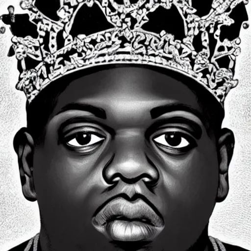 Prompt: a single biggie smalls, notorius B.I.G, wearing a crown, portrait, medium shot, symmetrical face and body, single face, single nose, single mouth, accurate, hyperdetailed, intricate detail, insanely detailed and intricate, in the style of Henri Matisse, edge to edge, solid color background intricate, highly detailed, smooth, sharp focus, detailed face and body, high contrast