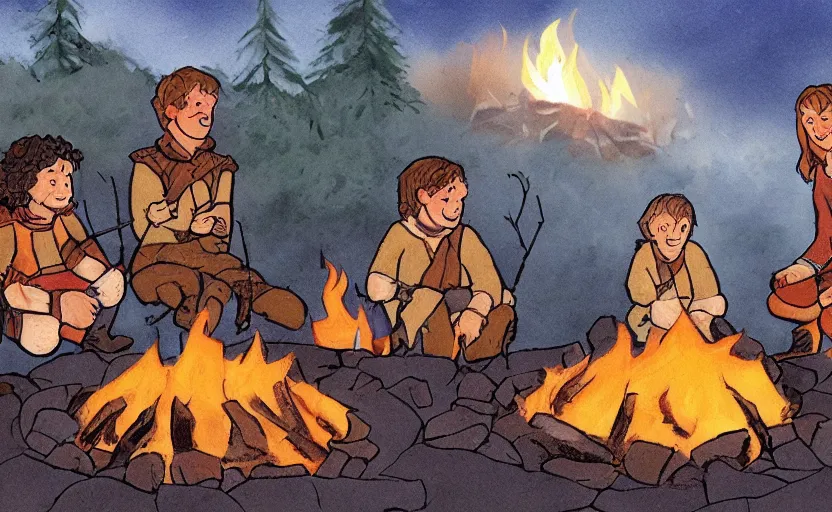 Image similar to childrens book illustration of the fellowship of the ring making s'mores around a campfire