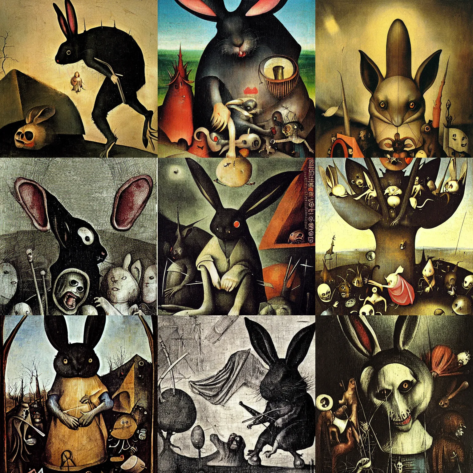 Prompt: nightmare dark rabbit painting from Hieronymus Bosch