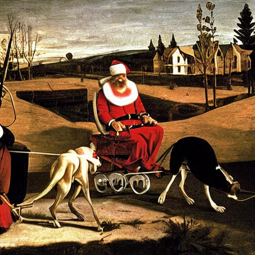 Prompt: Father Christmas riding a sledge pulled by greyhounds Painted by Caravaggio
