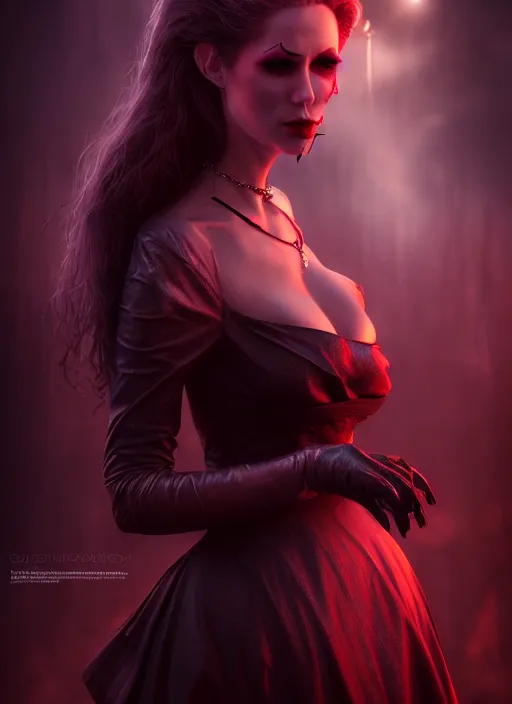 Image similar to realistic matte painting, full length portrait, the duchess of blood owns the las vegas night, vampire, highly detailed, CGsociety, subtle, concept art, HDR, hyper realistic, volumetric lighting, subsurface scattering, unreal