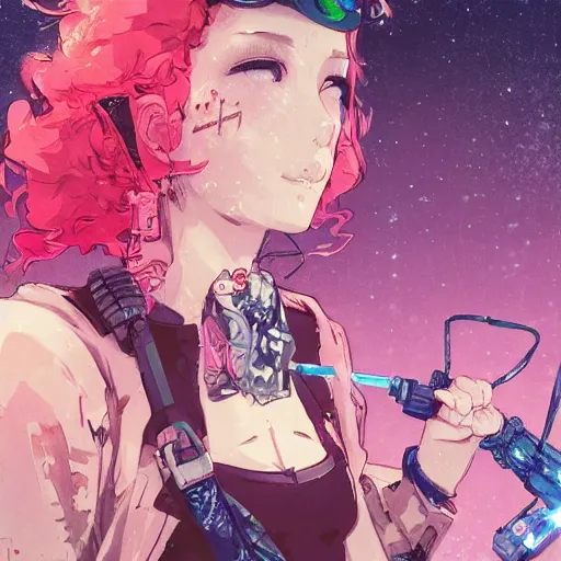 Image similar to close up, a grungy cyberpunk anime, very cute, pose pointing a bow and shouting by super ss, cyberpunk fashion, curly pink hair, night sky by wlop, james jean, victo ngai, highly detailed