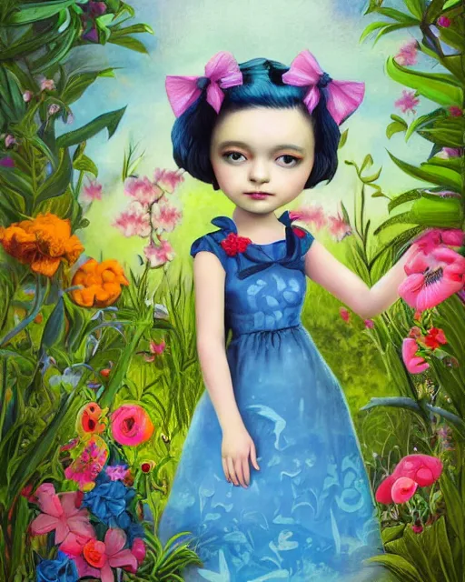 Prompt: matte painting, sharp beautiful little girl with pigtails with blue dress in the garden painted by jasmine becket - griffith