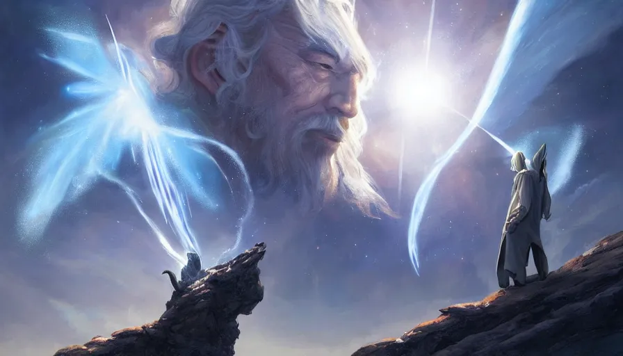 Image similar to a beautiful painting of gandalf watching a huge meteorite destroy an alien world with dual suns, ray traced lighting by jean kalin popov and greg rutkowski